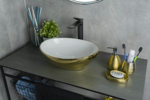 Раковина керамическая Gid Esfera 52229 40х30 накладная цвет белый/золото без отверстий под смеситель - фото 2