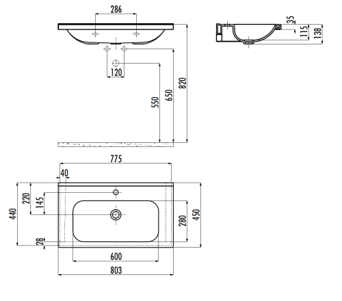 Раковина из сантехнического фарфора Creavit ideal ID080-00CB00E-0000 80х50 накладная цвет белый 1 отверстие под смеситель - фото 2