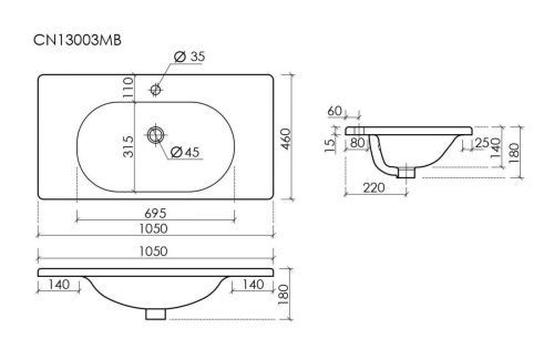 Раковина из сантехнического фарфора Ceramica Nova SABO CN13003MB 100х50 накладная цвет черный 1 отверстие под смеситель - фото 4