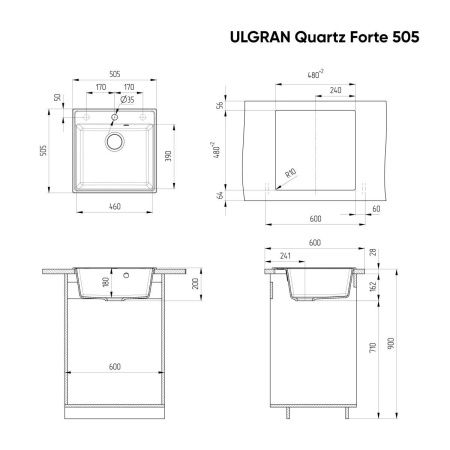 Кухонная мойка Ulgran Quartz Forte 505-09 50х50 цвет серый поверхность матовая
