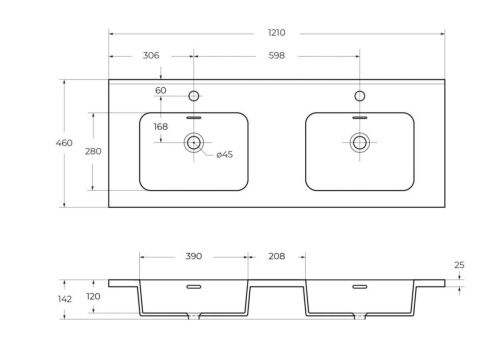 Раковина из искусственного камня Cezares 50211 120х50 подвесная цвет белый 2 отверстия под смеситель - фото 2