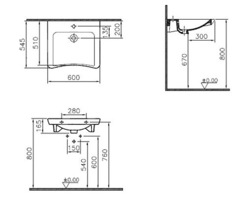 Раковина из сантехнического фарфора Vitra Conforma 5289B003-0001 60х60 подвесная цвет белый 1 отверстие под смеситель - фото 2