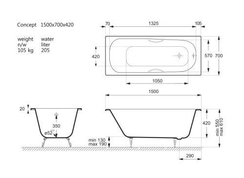 Ванна чугунная Vinsent Veron Concept VCO1507042H/VH0015BR 150х70 пристенная прямоугольная с ножками с ручками - фото 4