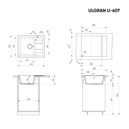 Кухонная мойка Ulgran Classic U-607-308 60х50 цвет черный