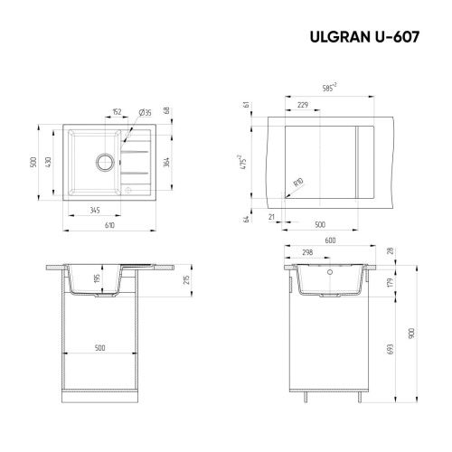 Кухонная мойка Ulgran Classic U-607-309 60х50 цвет серый - фото 2