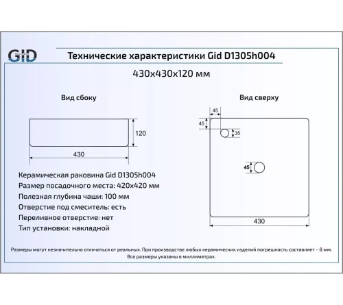 Раковина керамическая Gid 53312 43х43 накладная цвет черный без отверстий под смеситель - фото 4