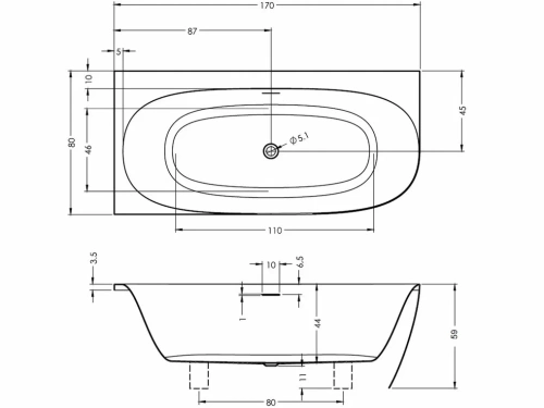 Ванна акриловая Riho OMEGA CORNER B097001005 170х80 пристенная асимметричная с ножками - фото 3