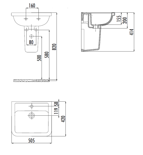 Раковина из сантехнического фарфора Creavit Key KY050-00CB00E-0000 50х40 подвесная цвет белый 1 отверстие под смеситель - фото 2
