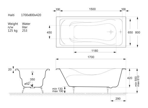 Ванна чугунная Vinsent Veron Haiti VHT1708042 170х80 пристенная прямоугольная с ножками - фото 4