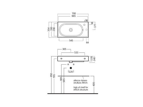 Раковина из сантехнического фаянса Hatria AREA Y0W901 70х40 подвесная цвет белый без отверстий под смеситель - фото 3
