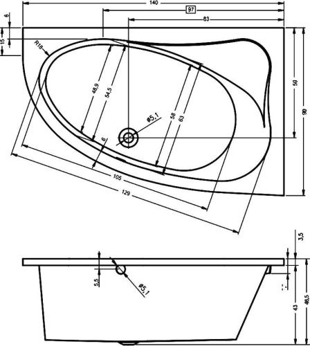 Ванна акриловая Riho LYRA B020001005 140х90 пристенная асимметричная без ножек - фото 2