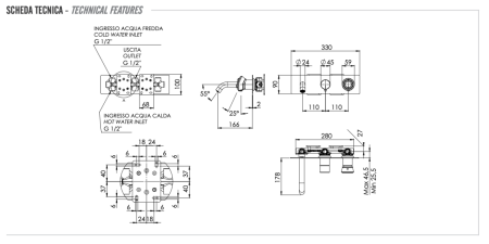Смеситель для ванны Remer Element ET54D2DO встраиваемый в стену золото