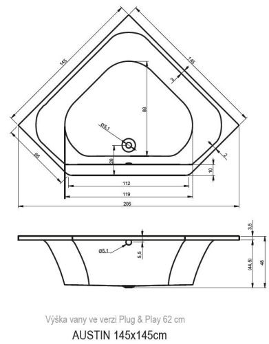 Ванна акриловая Riho AUSTIN B005001005 145х145 пристенная асимметричная без ножек - фото 2