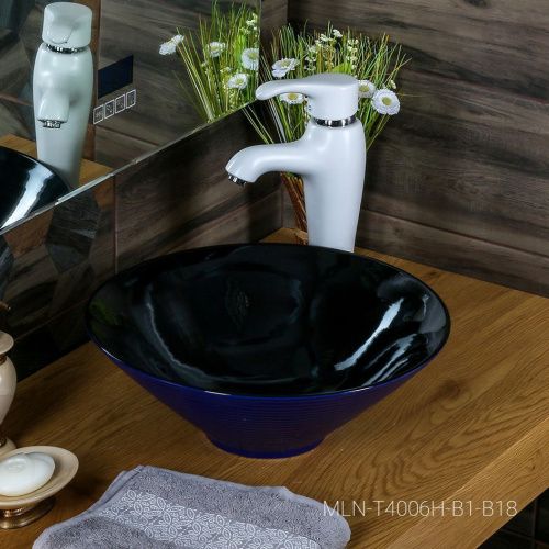 Раковина из сантехнического фарфора Melana 7020-B1+B18-806 40х40 накладная цвет черный/синий без отверстий под смеситель - фото 3