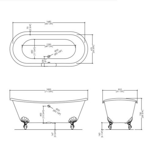 Ванна чугунная Devon Devon Admiral 2MRADMIRALCRDD 185х80 отдельностоящая овальная с ножками - фото 2