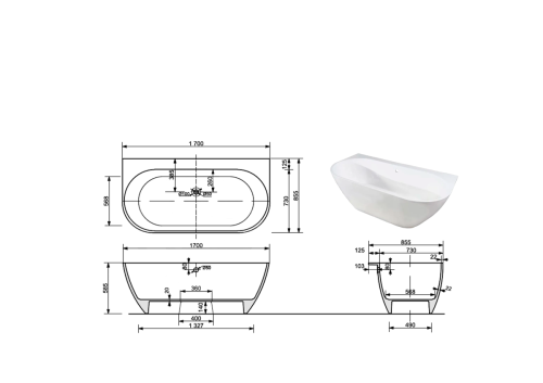 Ванна из литьевго мрамора Taliente Nemi a parete Matt NE17085Matt a parete 170х85 пристенная овальная без ножек и каркаса - фото 5