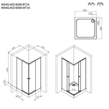 Душевой уголок Am.Pm X-joy W94G-403-9090-МТ1К 90х90 стекло прозрачное профиль хром без поддона