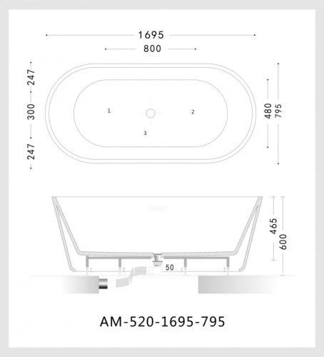 Ванна акриловая Art&Max AM-520-1695-795 170х80 отдельностоящая овальная с каркасом - фото 4