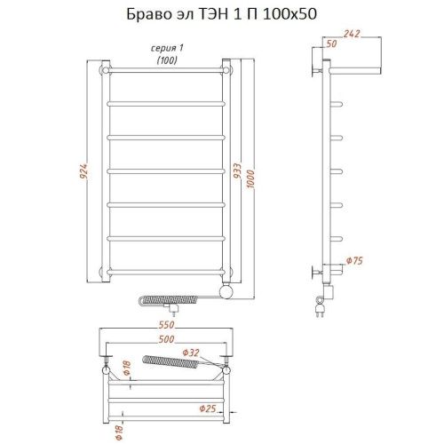 Полотенцесушитель электрический Тругор Браво Браво1/элТЭН10050П 55х100 хром - фото 2
