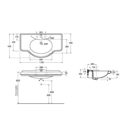 Раковина из сантехнического фаянса Azzurra Jubilaeum JULP1106200MBI (JUB200/110 bi))*1 110х60 подвесная цвет белый 1 отверстие под смеситель - фото 2