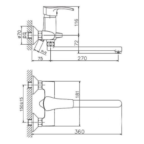 Смеситель для ванны и душа Haiba HB70 HB2270 настенный хром - фото 3