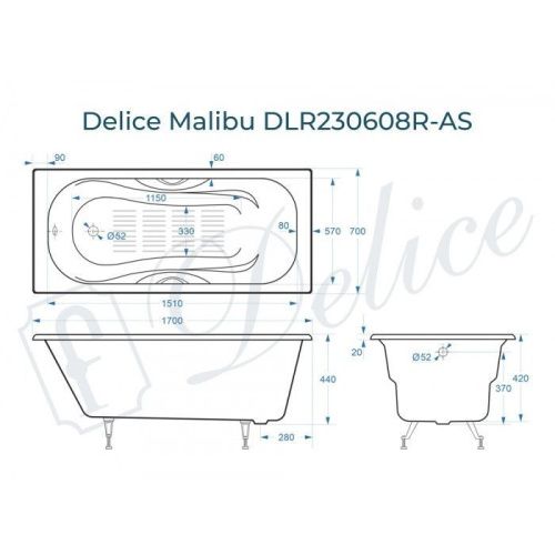 Ванна чугунная Delice Malibu DLR230608R-AS 170х70 пристенная прямоугольная без ножек с отверстиями под ручки - фото 2