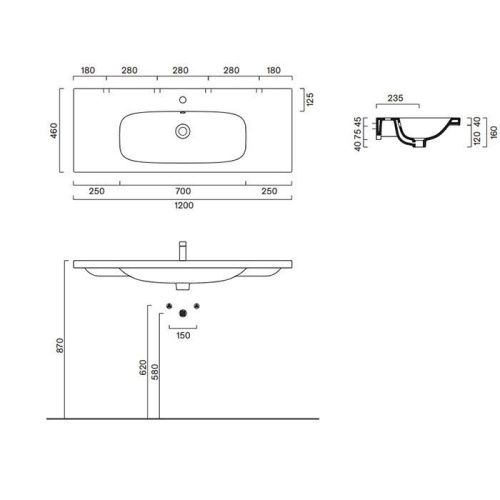 Раковина керамическая Catalano Alvea 621210001 120 см подвесная цвет белый без отверстий под смеситель - фото 2