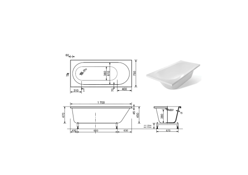 Ванна из литьевго мрамора Taliente Orta Matt OR17075Matt 170х75 пристенная прямоугольная без ножек и каркаса - фото 4