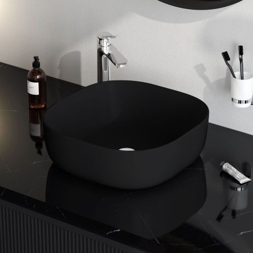 Раковина из сантехнического фарфора Am.Pm Func M8FWCC30430BM 40х40 накладная цвет черный без отверстий под смеситель