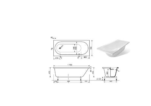 Ванна из литьевго мрамора Taliente Orta OR17070 170х70 пристенная прямоугольная без ножек и каркаса - фото 4