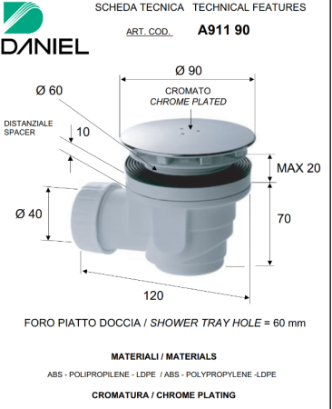 Сифон для душевого поддона Daniel SHOWERS A911 90cr хром
