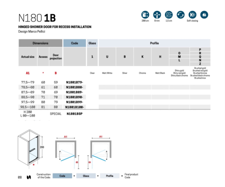 Душевая дверь Novellini N180 N1801B90-1Z 90х200 стекло прозрачное профиль хром