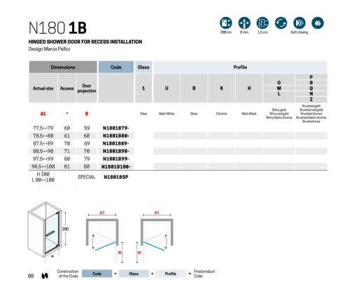 Душевая дверь Novellini N180 N1801B90-1Z 90х200 стекло прозрачное профиль хром - фото 3
