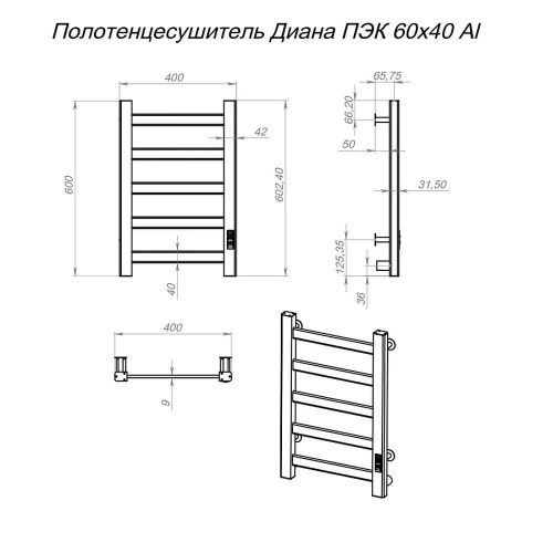 Полотенцесушитель электрический Тругор Диана Пэк сп Al ПэкДиана1/6040Alчерн 40х60 черный - фото 2