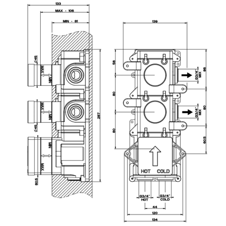 Внутренняя часть встраиваемого термостатического смесителя с 2мя независимыми выходами Gessi 43103#031