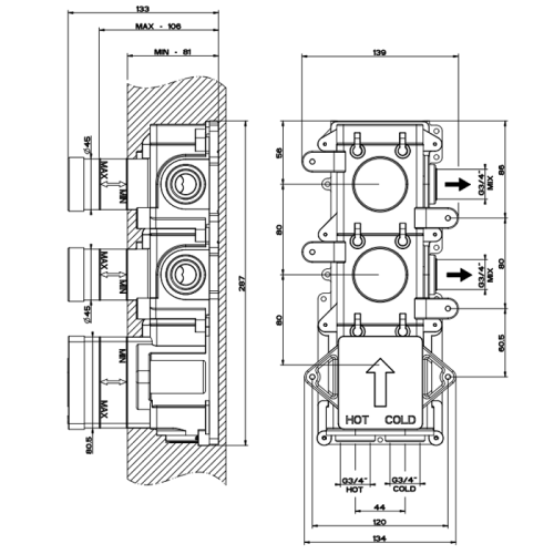 Внутренняя часть встраиваемого термостатического смесителя с 2мя независимыми выходами Gessi 43103#031 - фото 2