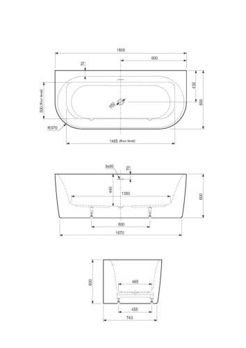 Ванна акриловая Cezares METAURO METAURO-INT-Wall-180-80-60-B-W-MATT 180х80 пристенная овальная с каркасом - фото 2