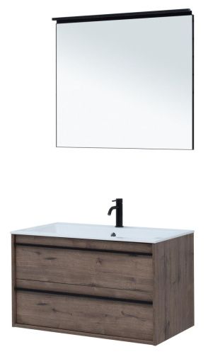 Комплект мебели: тумба с раковиной + зеркало Aquanet Lino 00271958 90х50 подвесной цвет коричневый - фото 5