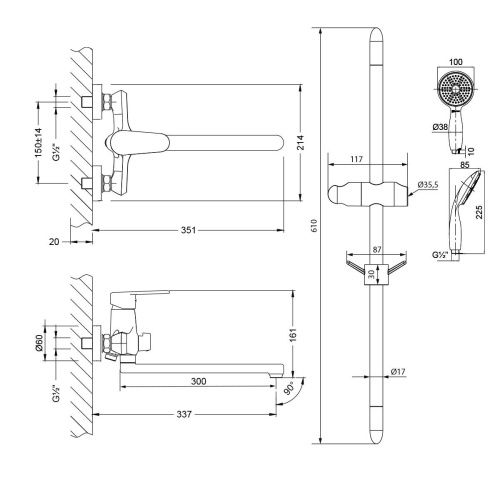 Комплект смеситель + душевой гарнитур LeMark Point LM0379C настенный хром - фото 2