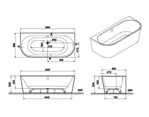 Ванна акриловая Vitra Geo 65420006000 180х80 пристенная овальная с ножками - фото 4