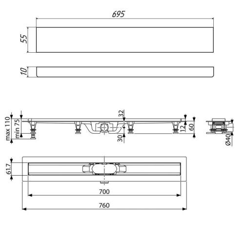 Душевой лоток Timo Eco SP10700-PG10700 75х10 черный - фото 2