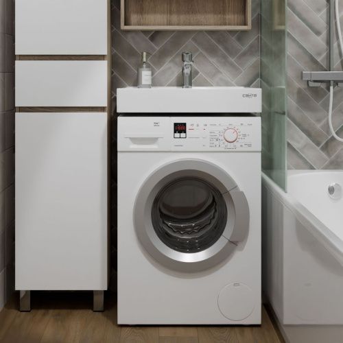 Раковина из искусственного камня СанТа Юпитер 900116 60х60 над стиральной машиной цвет белый - фото 4