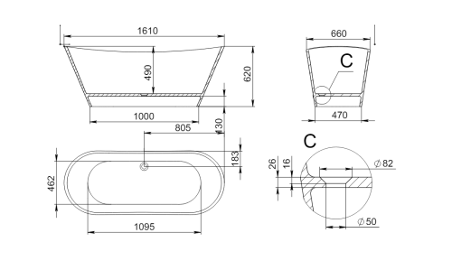Ванна из искусственного камня Holbi AFINA 2.01.004.44.4 160х65 отдельностоящая овальная - фото 2