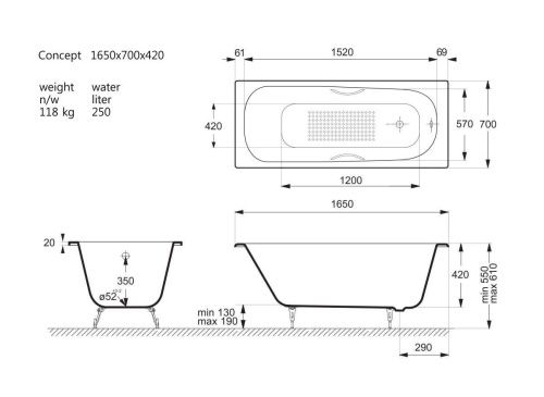 Ванна чугунная Vinsent Veron Concept VCO1657042H/VH0015BR-AS 165х70 пристенная прямоугольная с ножками с ручками - фото 4