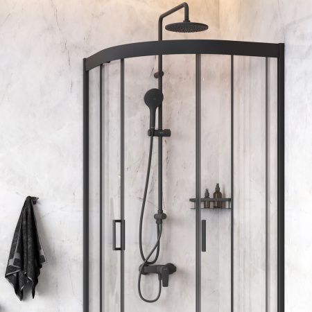 Комплект душевого уголка с душевой системой и аксессуарами Am.Pm Gem WK90EM стекло прозрачное профиль черный без поддона