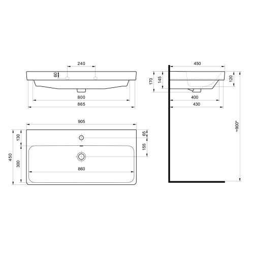 Раковина керамическая Onika Адриана 1WH501629 90х50 накладная цвет белый 1 отверстие под смеситель - фото 3