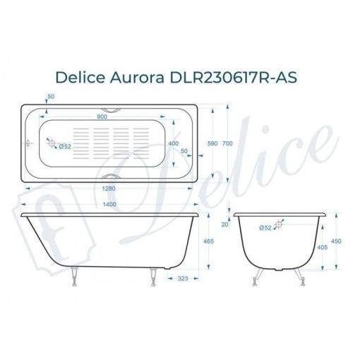 Ванна чугунная Delice Aurora DLR230617R-AS 140х70 пристенная прямоугольная без ножек с отверстиями под ручки - фото 2