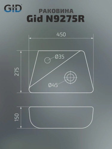 Раковина керамическая Gid Suspendido 61107R 50х30 подвесная цвет белый 1 отверстие под смеситель - фото 2