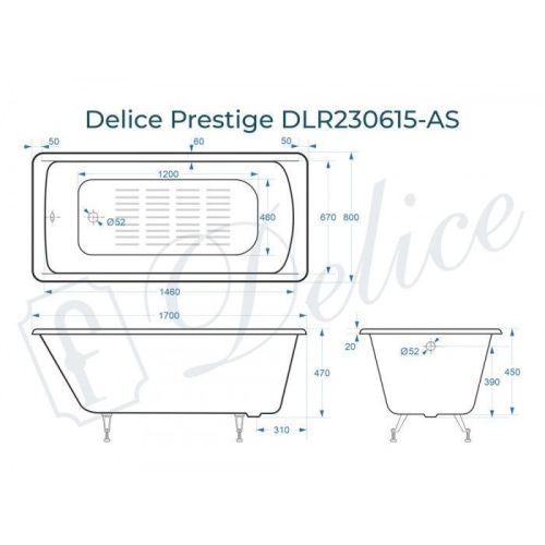 Ванна чугунная Delice Prestige DLR230615-AS 170х80 пристенная прямоугольная без ножек с антискользящим покрытием - фото 2