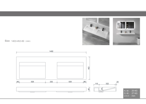 Раковина из искусственного камня Armadi Art Flat 859-140-2 140х50 подвесная цвет белый без отверстий под смеситель - фото 2